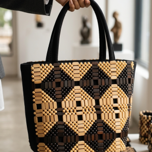 Handcrafted Geometric Wood-Bead Tote Hand Bag