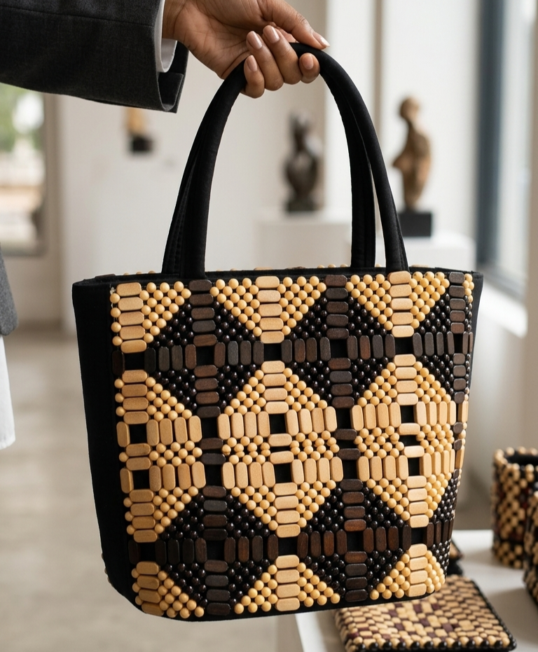 Handcrafted Geometric Wood-Bead Tote Hand Bag