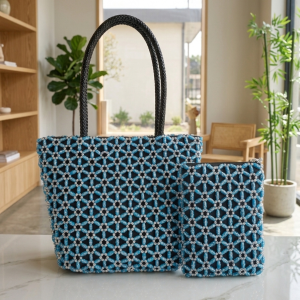 Two-piece set handcrafted beaded tote bag and a matching zippered pouch