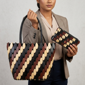 Artisan Handcrafted Wood-Bead Tote & Clutch Set