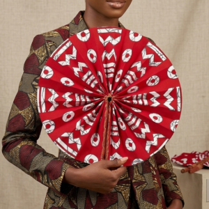 Artisanal Handcrafted Folding Fan – Crimson & Ivory Geometric Print