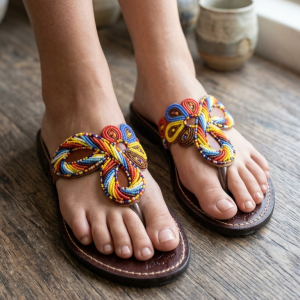 Handcrafted Beaded Leather Slippers – Artisanal Elegance