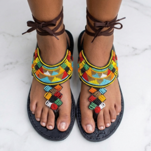 Artisanal Beaded Leather Gladiator Sandals
