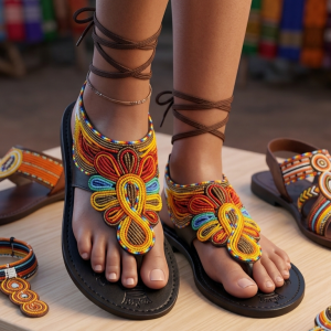 Handcrafted Beaded Leather Gladiator Sandals.