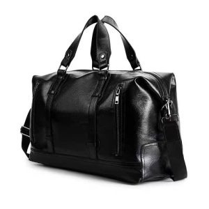Sleek, black vegan leather duffel bag