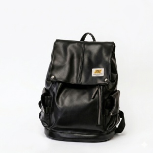 Sleek, black faux-leather backpack