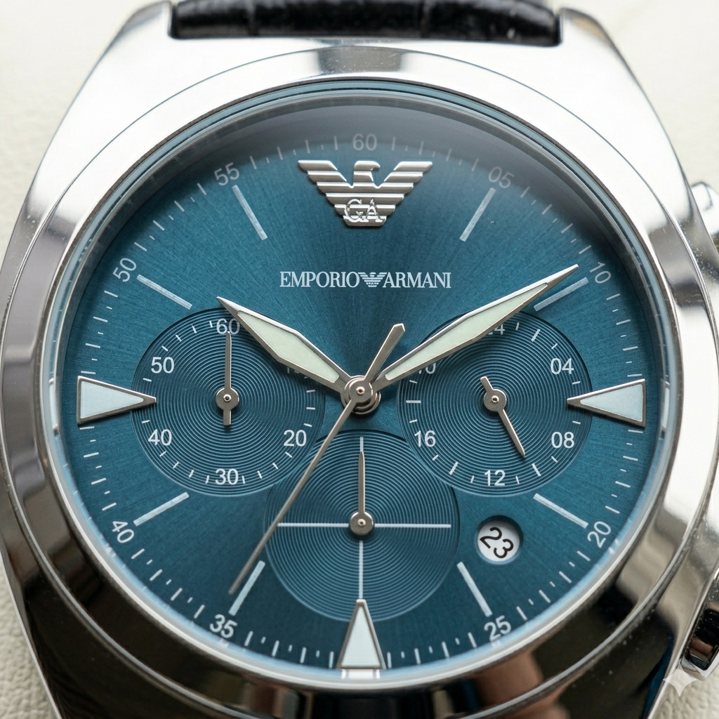 Emporio Armani Chronograph – Teal Dial & Black Leather Men's Wrist Watch - Image 2