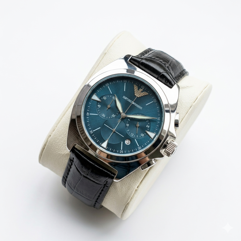Emporio Armani Chronograph – Teal Dial & Black Leather Men's Wrist Watch