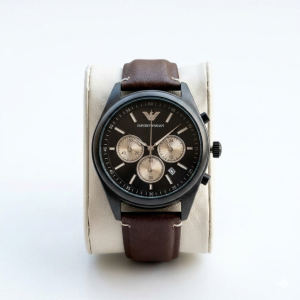 Emporio Armani Chronograph – Matte Black & Brown Leather Men's Wrist Watch
