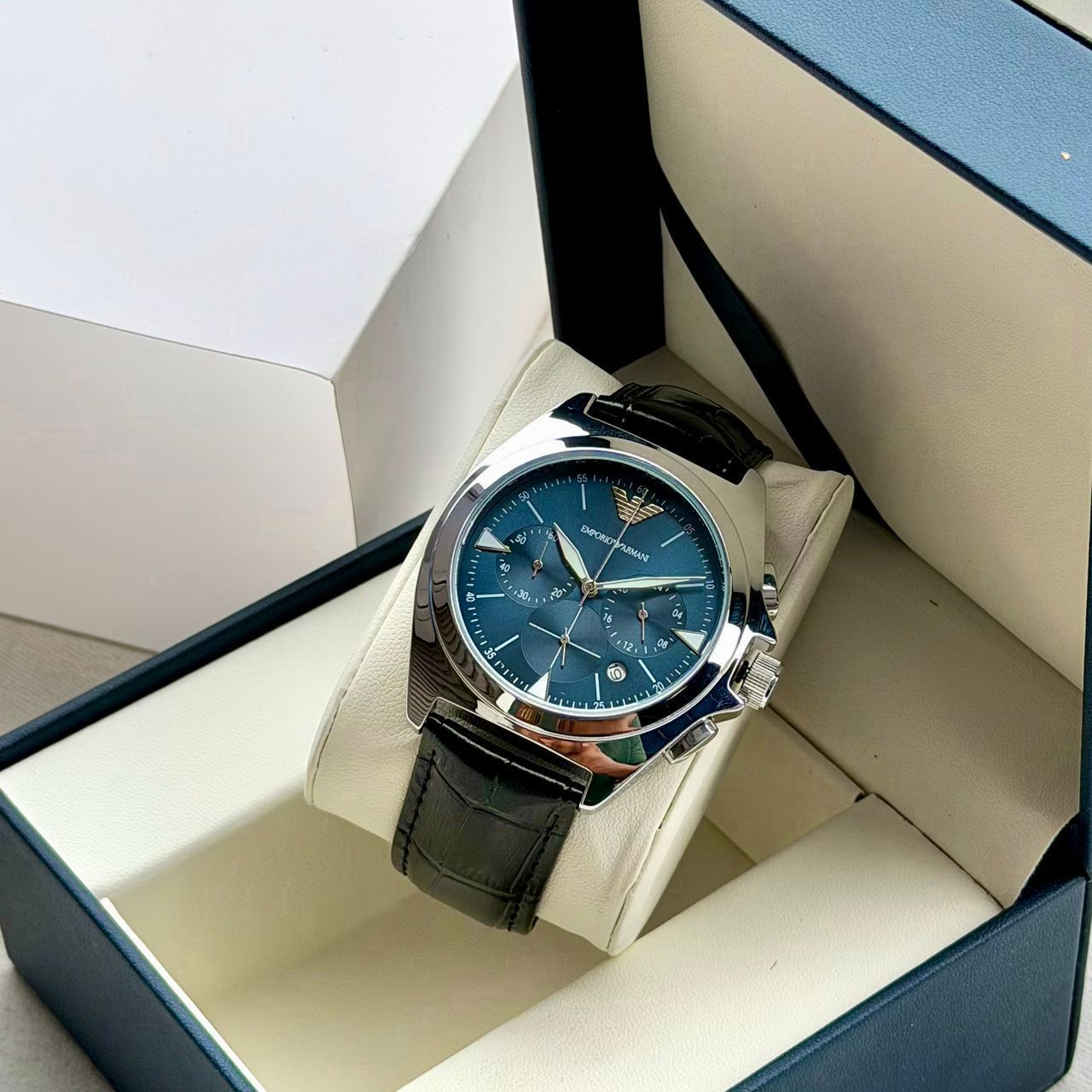 Emporio Armani Chronograph – Teal Dial & Black Leather Men's Wrist Watch - Image 3